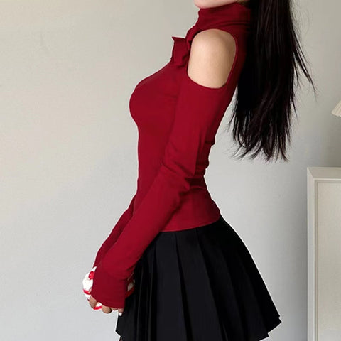 Christmas and New Year Bow Off-shoulder Turtleneck Knitted T-shirt