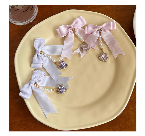 Sweet Double Bowknot Hairpin Pearl Pendant Princess Cute Double Ponytail Pair Clip - Jam Garden
