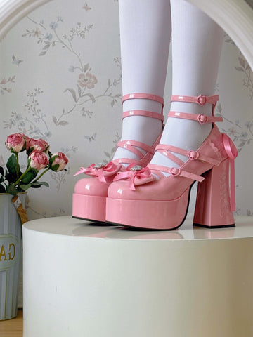 Original sweet and spicy denim ribbon lolita high heels