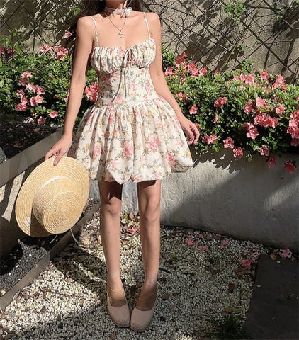 French style chest strap waist palace style floral dress