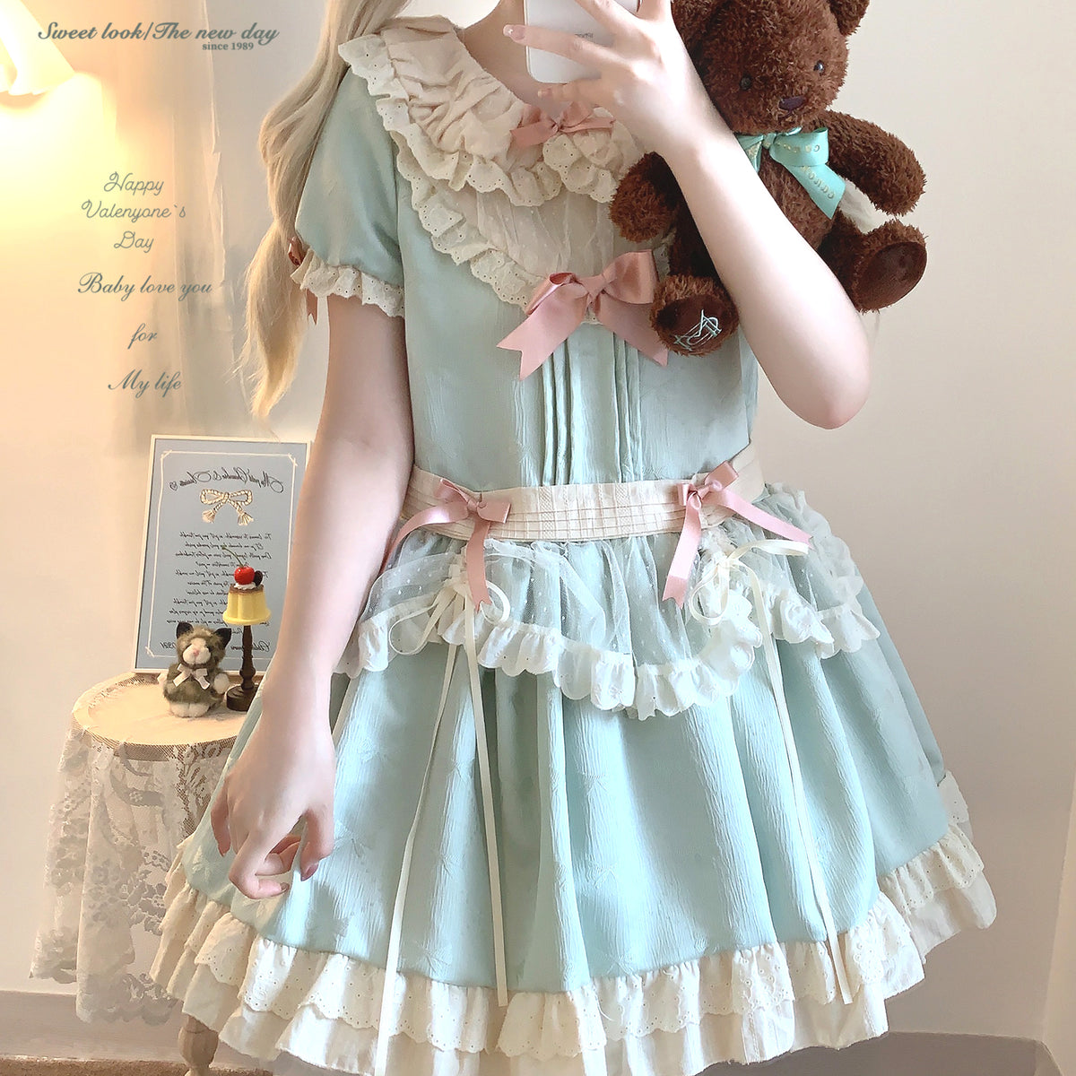 Cheese Bow Low Waist Jacquard Pointed Tulle Apron Dress