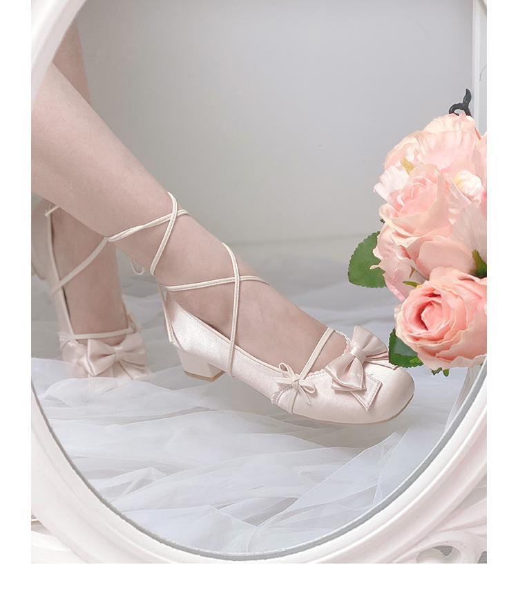 Elegant Baileys Satin Original Lolita Shoes Mid Heel Bowknot Square Toe - Jam Garden