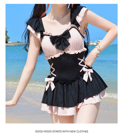 Sweet bow black and pink student one-piece swimsuit