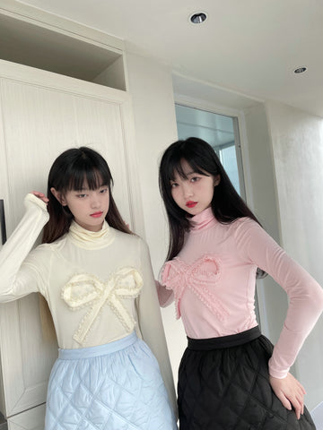 Women's Japanese style cute bow turtleneck bottoming shirt