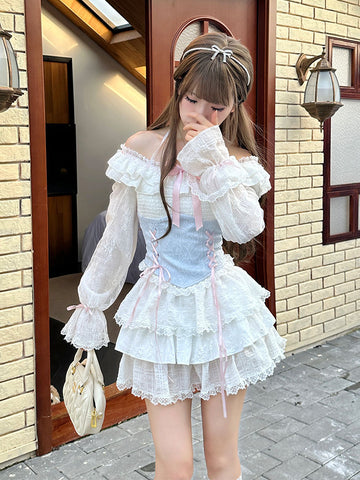 Sweet and pure princess style bow cake skirt suit