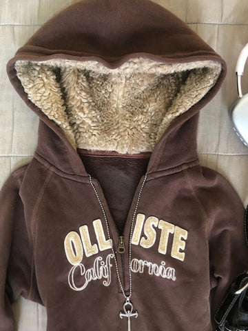 Original coffee color letter plus velvet hooded sweatshirt