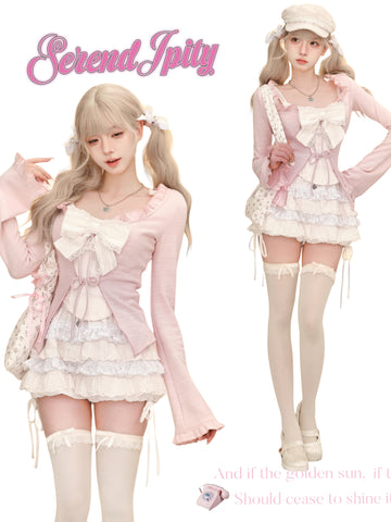 Sakura Girl Autumn New Style Suit Suspenders + White Cake Skirt + Pink Slim Cardigan