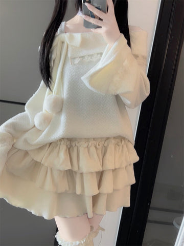 Original one-shoulder plush sweater bowknot suit