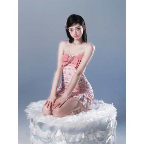 Pink Sling Dress Bowknot Rose Floral Skirt Sleeveless Pure Desire Skirt Summer - Jam Garden