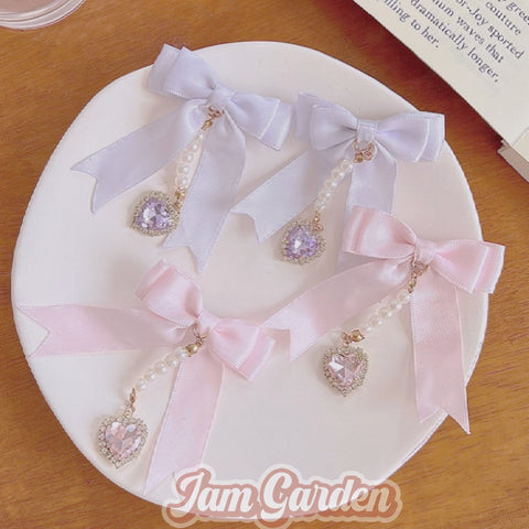 Sweet Double Bowknot Hairpin Pearl Pendant Princess Cute Double Ponytail Pair Clip - Jam Garden