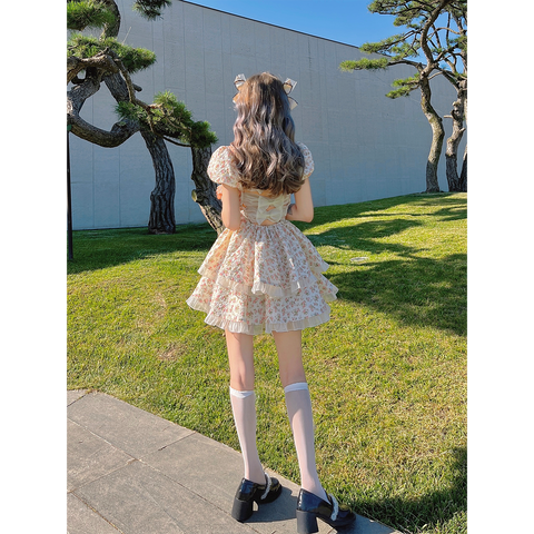 Peach Girl Puff Sleeves Slimming Waist Slim Back Hollow Bow Knot Floral Puff Cake Dress - Jam Garden