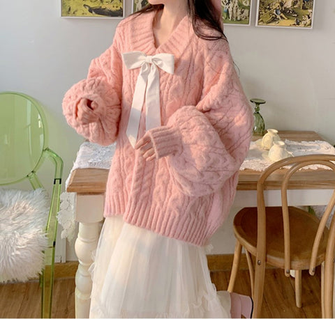 Women's autumn and winter pink v-neck bow sweater