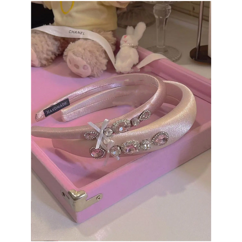 Pearlized Pink Satin Sponge Ribbon Crystal Glass Rhinestone Hair Bands