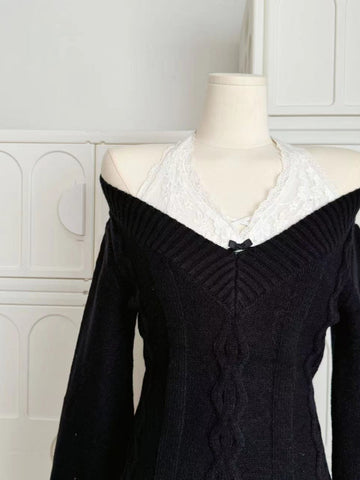 Women's autumn black waist v-neck sweater