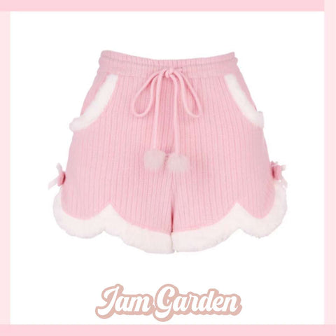 Cream Wool Series Great Wear Soft Waxy Twist Knit Plush Lace Shorts Pink - Jam Garden