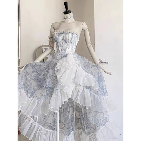French Blue Floral Tube Top Dress Fugitive Princess Vintage Vintage Lolita Dress - Jam Garden