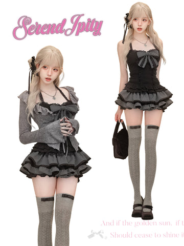 Serendipity Autumn Suit Black Lace Suspenders + Gray Knitted Cardigan + Short Skirt