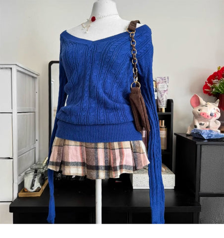 Original Klein Blue V-neck Cable Knit Sweater