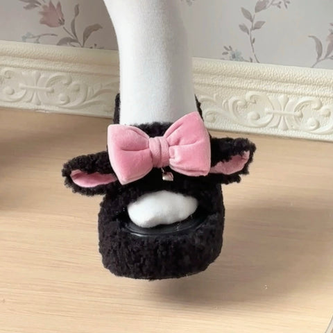 Original design cute bow plush thick-soled slippers