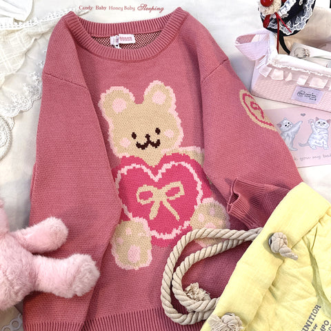 Cute Bear Heart Round Neck Long Sleeve Sweater