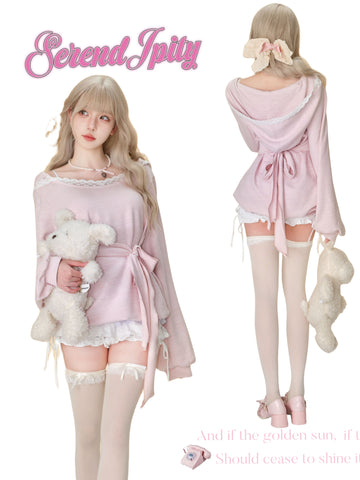 Autumn and winter pink long-sleeved knitted hooded cardigan + white cake pants skirt