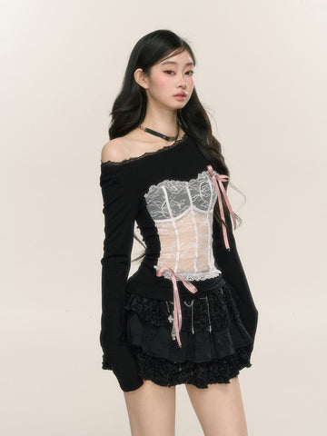 Women's autumn and winter slightly transparent lace off-shoulder T-shirt