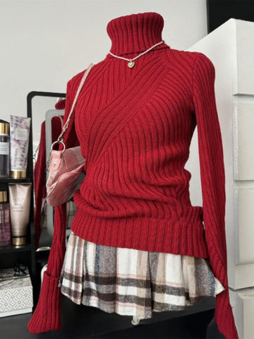 Original red turtleneck knitted bottoming shirt