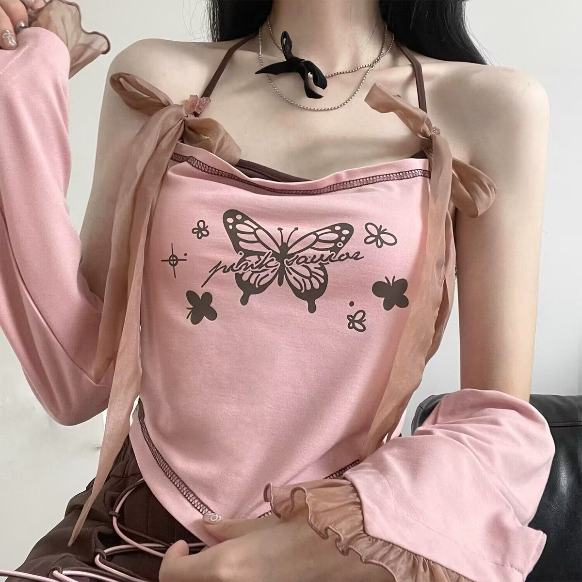 Dream Butterfly Pink Black Triangular Hem Summer Camisole Design Strap Slim Skirt - Jam Garden