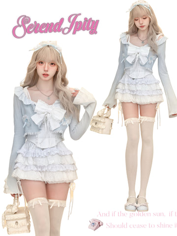 Serendipity Watercolor Bubble Autumn Milk Blue Knitted Cardigan + Bowknot Suspenders + White Cake Skirt