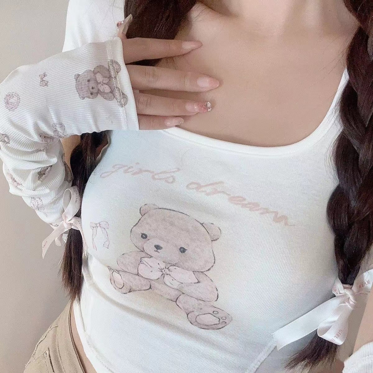 Rabbit Bear Original Raglan Short-Sleeved T-Shirt Suspenders Girl Niche Cute Pure Tight Elastic Cotton Top - Jam Garden