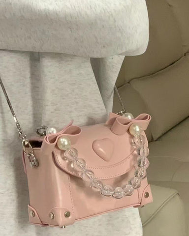 Minority Sweet Summer Versatile Pink Heart Crystal Box Bag Pearl Chain Portable Messenger Bag - Jam Garden