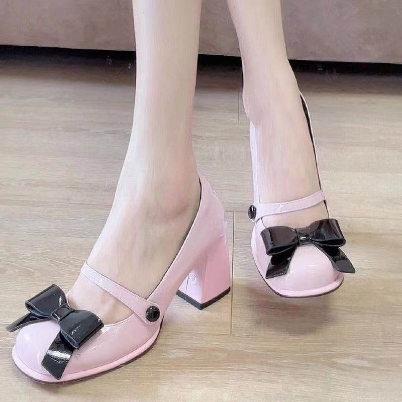 Sweet Cool Pink Bow High Heels French Girl Mary Jane New Slip-On Patent Leather Shoes - Jam Garden