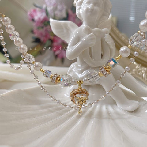 Pearl Double Layer Necklace Women's Heart Zircon Clavicle Chain Women's Light Luxury Short Necklace