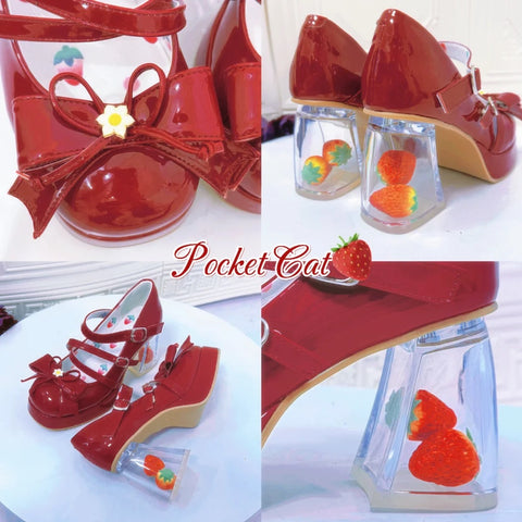 Thick-soled strawberry hollow Lolita shoes