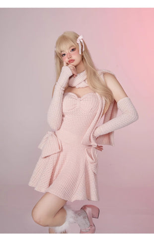 Sweetheart Barbie* Creamy Pink Corn Knit Sheath Dress with Chest Pads