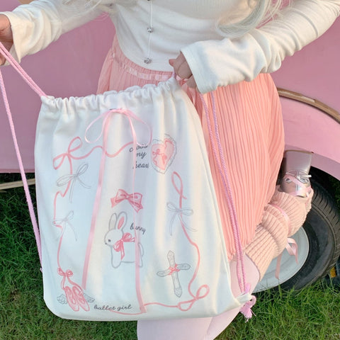 Original Angel Ballet Rabbit Niche Double Shoulder Drawstring Cloth Bag Ballet Style - Jam Garden