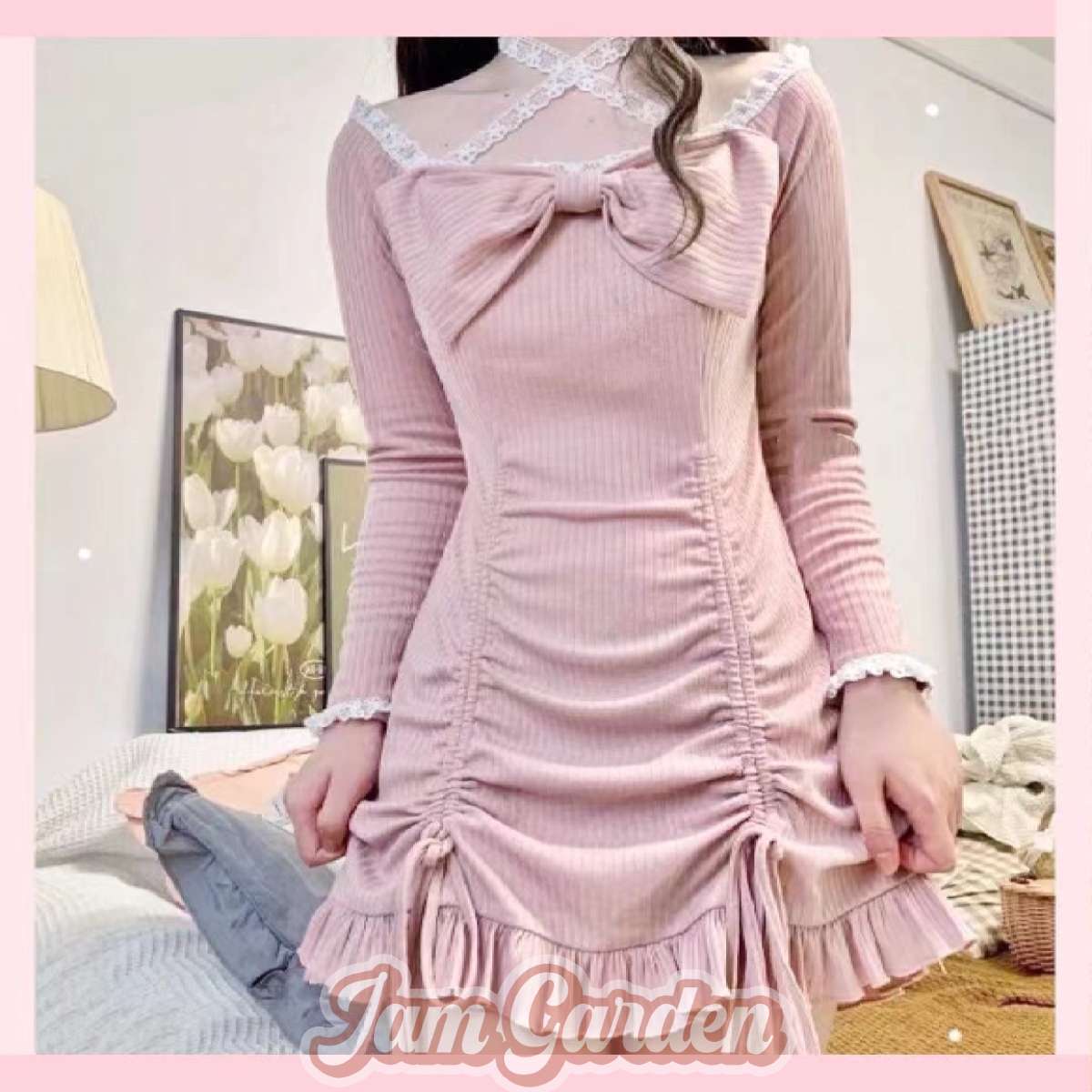 Autumn Japanese Soft Girl Cute Bowknot One-Shoulder Lace Dress Babes Look Thin A-Line Skirt