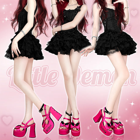 Satin Gothic Y2K Spice Girl Black Pink Thick-soled Sandals - Jam Garden