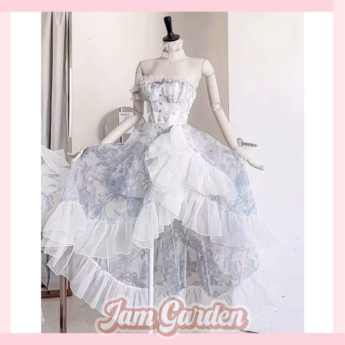 French Blue Floral Tube Top Dress Fugitive Princess Vintage Vintage Lolita Dress - Jam Garden