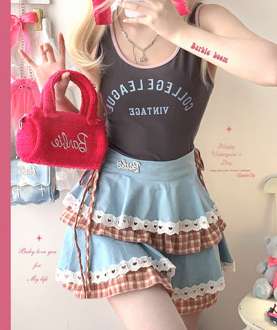 Sleepingdoll Plaid patchwork denim bow suspender skirt suit