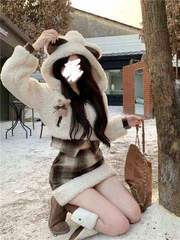 Cute set of two-piece hooded plush coat and skirt