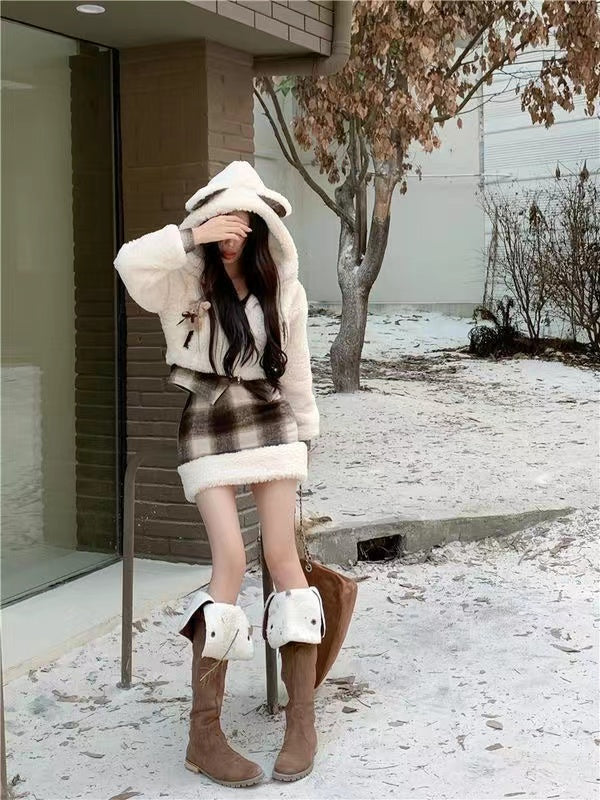 Cute set of two-piece hooded plush coat and skirt