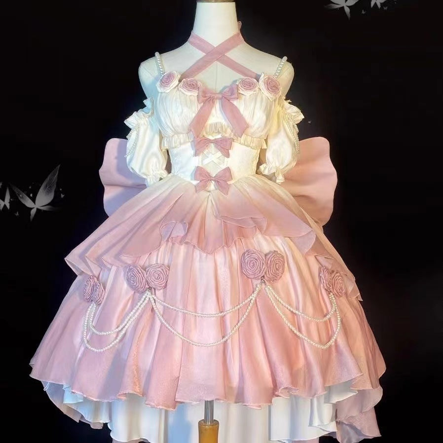 Gradient pink hollow front short back long lolita tail princess dress