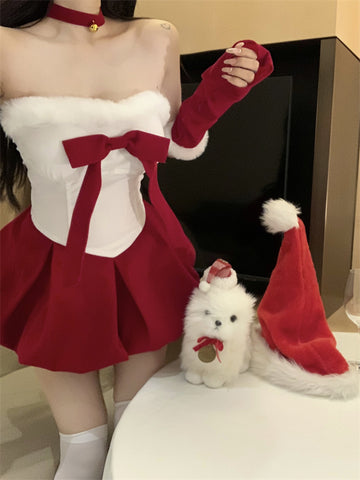 Christmas New Year outfit bow velvet tube top dress autumn and winter