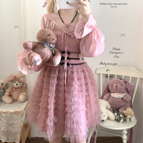 sleepingdoll Elegant Layered Cake Bow Sling Dress