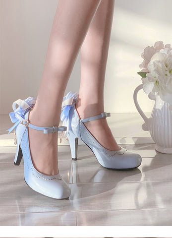 Original sweet lace ribbon high heels women's shoes single shoes
