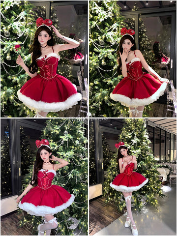 Christmas and New Year Burgundy Velvet Princess Dress Tube Top Puffy Dress