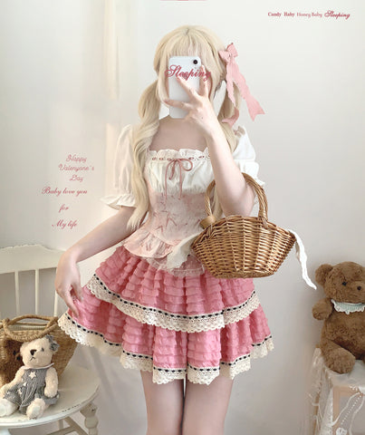 sleepingdoll Cake Layered Lace Retro High Waist Skirt