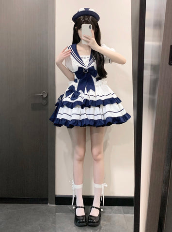 Summer navy style dark blue youth dress