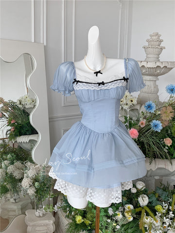 Sweet girly lace bow puff sleeve puffy dress